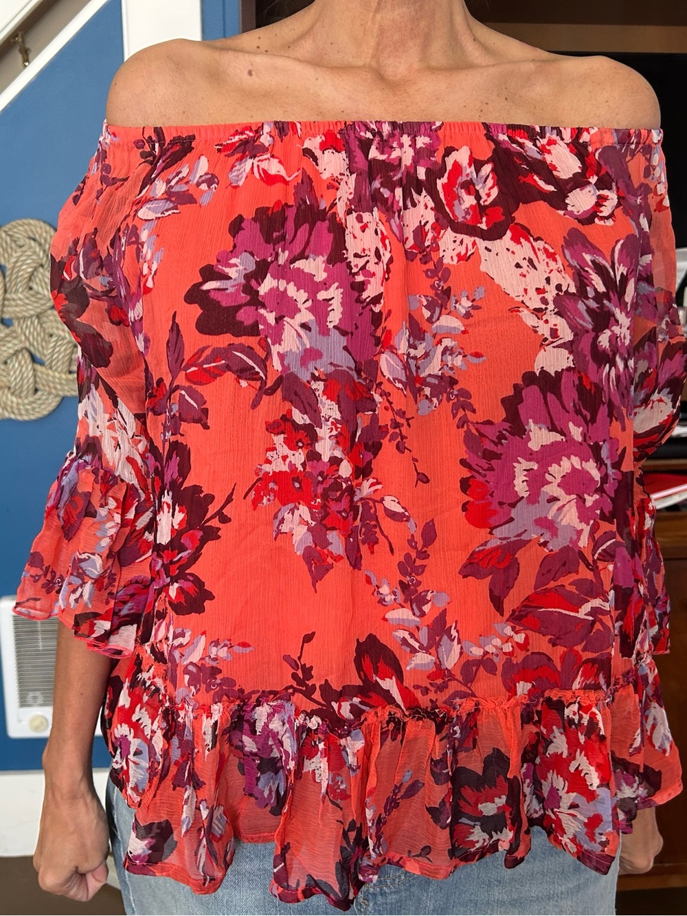 Lucky Brand Coral Floral Off-the-Shoulder Top with Pink & Burgundy Accents